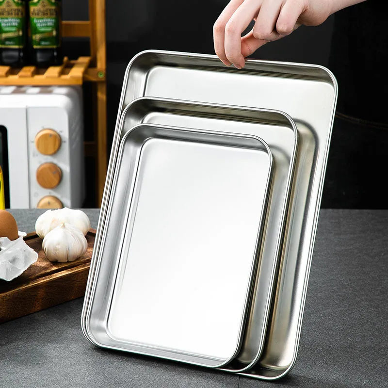 Rectangle Thicken Stainless Steel Food Storage Tray Steamed Sausage  Plates Fruit Baking Pastry Pans Kitchen Bread Loaf Dishes 4