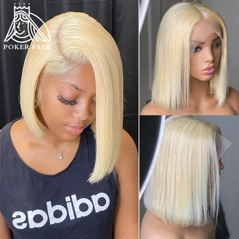 

Poker Face Straight Short Bob 13x4 Lace Front Human Hair Wigs Brazilian 613 Blonde Lace Frontal Wig for Women Transparent Lace