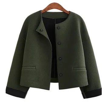 

2019 Autumn Round Neck Short Woolen Coat Women Single Breasted Long Sleeve Solid Jacket Large Casual Outwear