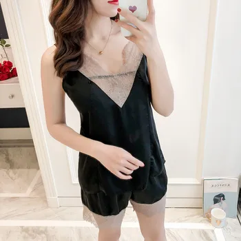 

Lounge Sleepwear Lace Trim Women Pajamas sexy Pyjamas Suit Classic Satin Doop V-Neck Home Clothing Nightwear Size M L