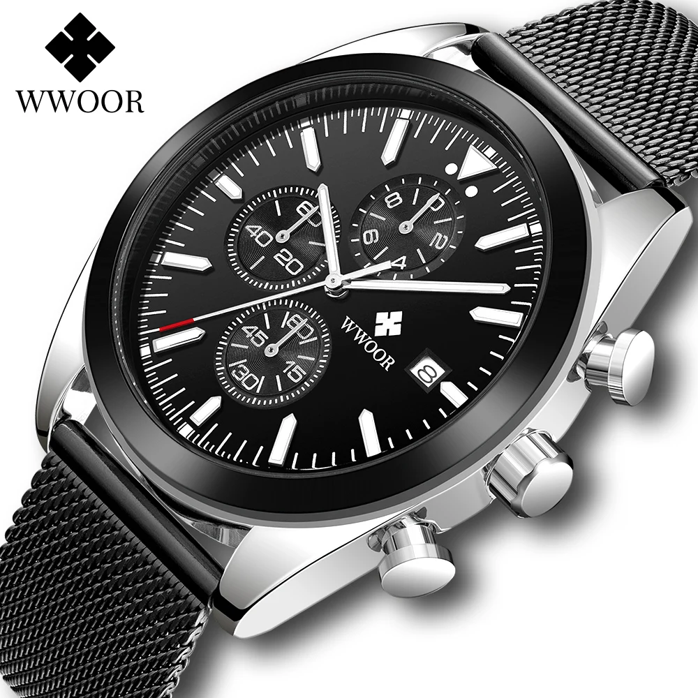 WWOOR Black Sport Watches For Men Stainless Steel Luxury Military Man's Quartz Wristwatches Chronograph Luminous Male Clock