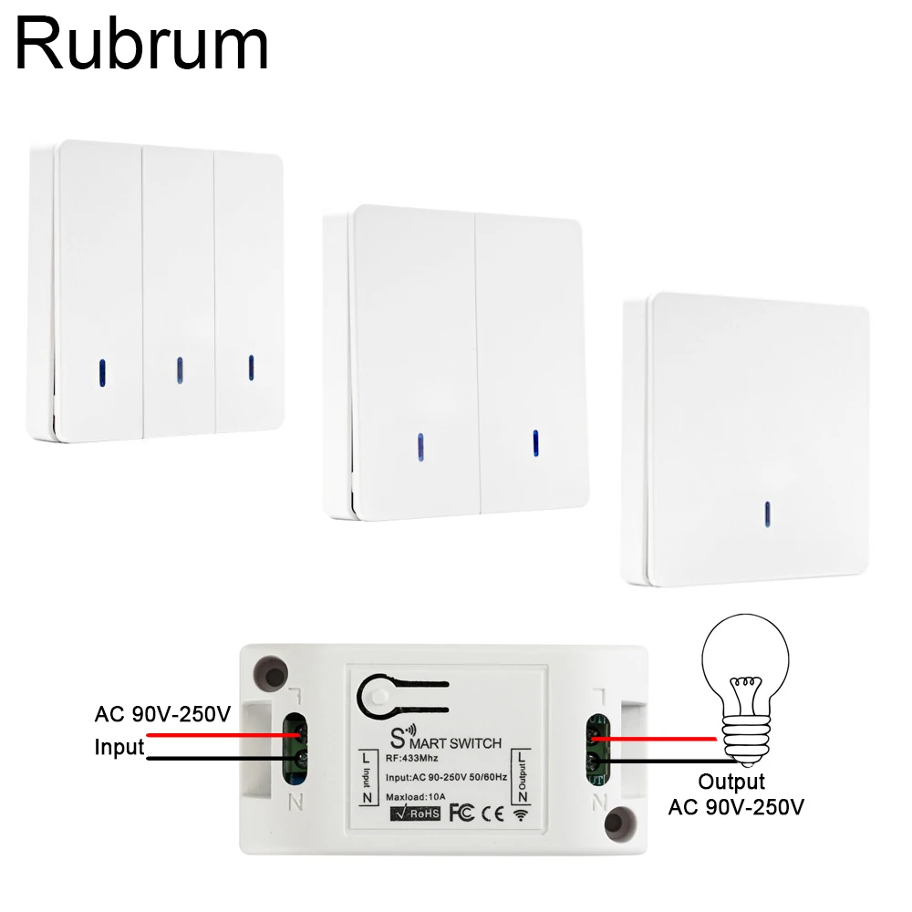 Rubrum Wall Switch 433Mhz Wireless RF 86 Wall Panel Transmitter Switch and AC 110V 220V Relay Receiver For Home Light LED Lamp