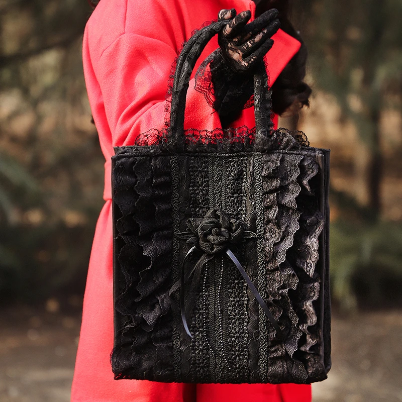 

Women Totes Lace Floral Lolita Bags Bow Tie Casual Totes Women Bride Wedding Bags Handmade Gothic Vintage Evening Party Bags