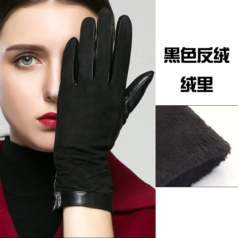 Перчатки из натуральной кожи женские зимние плюс бархатные утепленные замшевые кожаные теплые тонкие модные простые женские перчатки из козьей кожи K902 - Цвет: Black Suede