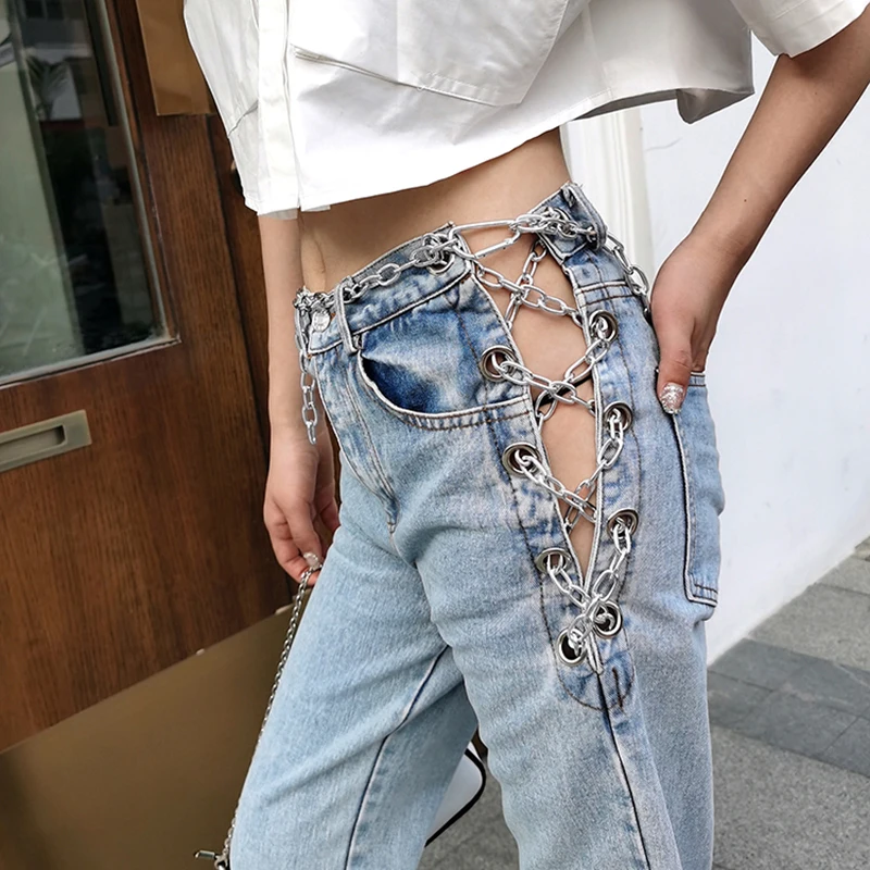 2020 primavera e l'estate personalità catena di ferro scava fuori Jeans  donna Jumpy Nightclub Design di lusso pantaloni Casual donna|Jeans| -  AliExpress