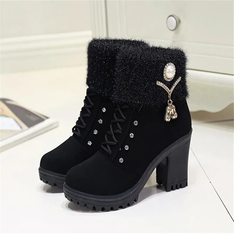 

Newest Style Women Winter Martin Boots Zipper Style Female High Heel Boots Warm Thick Side Zipper Plus Velvet Women's Boots