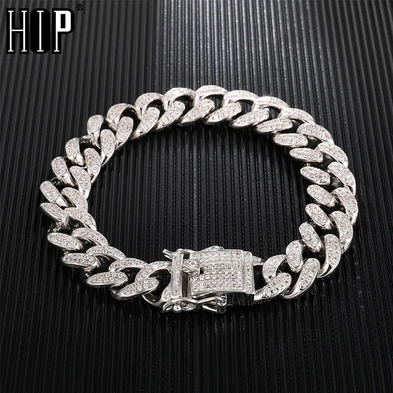 Хип-хоп 12 мм Iced Out AAA Цирконий Медь CZ кубинская звено цепи браслет для мужчин раппер ювелирные изделия Золото Серебро Цвет