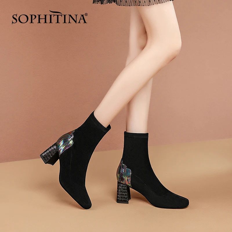 

SOPHITINA Women Boots New Elegant Stretch Fabric High Quality Handmade Middle Boots Snake Pattern Decoration Women Shoes SO694