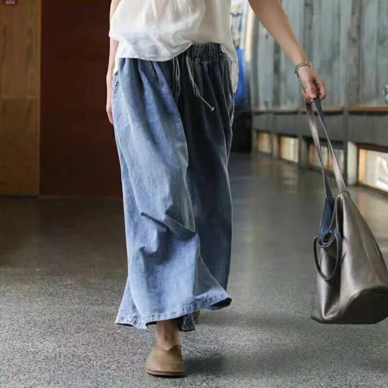 [DEAT] Летние Плиссированные Женские джинсовые Широкие штаны со средней талией в винтажном стиле, однотонные Длинные свободные штаны AT225
