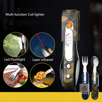 

Multifunctional outdoor cigarette lighter, lighter, spoon, fork, LED flashlight, laser infrared 4 in 1 CL001