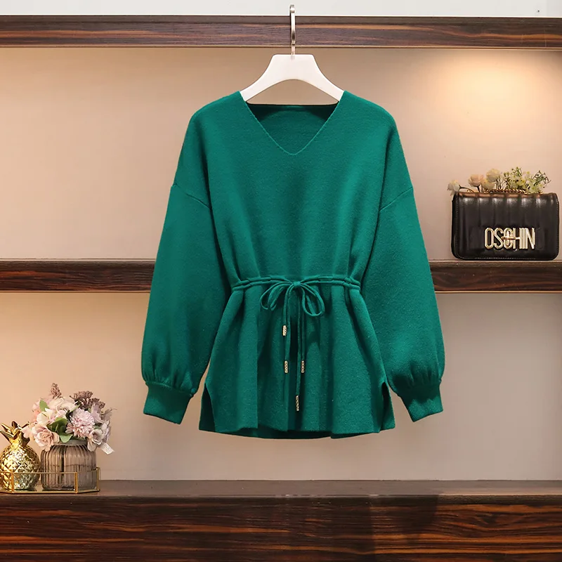 Green Sweater Trytree осенне-зимний комплект из двух предметов, повседневный свободный однотонный топ с v-образным вырезом и разрезным поясом+ платье на бретельках, Черный Модный комплект из 2 предметов - Цвет: Green Sweater