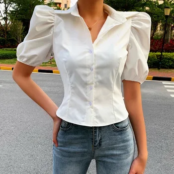 

Women Blouse Shirt Fashion Casual Summer Short Sleeve Button Female White Shirts Loose Fit Top