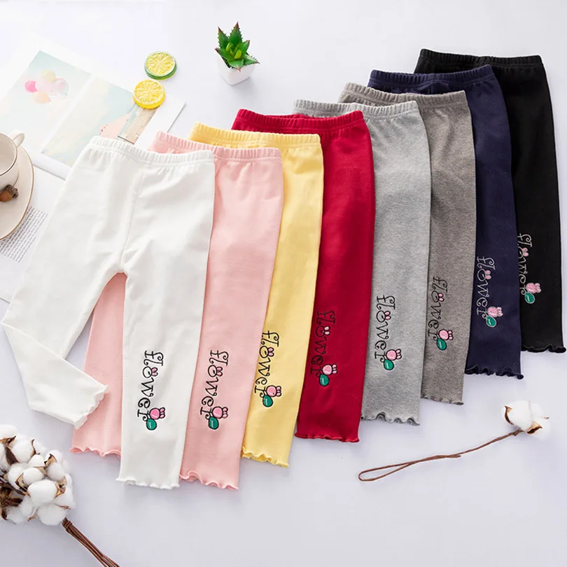 8 цветов; эластичные леггинсы для девочек; обтягивающие хлопковые брюки с вышитыми буквами на весну-осень; одежда для малышей; брюки с оборками