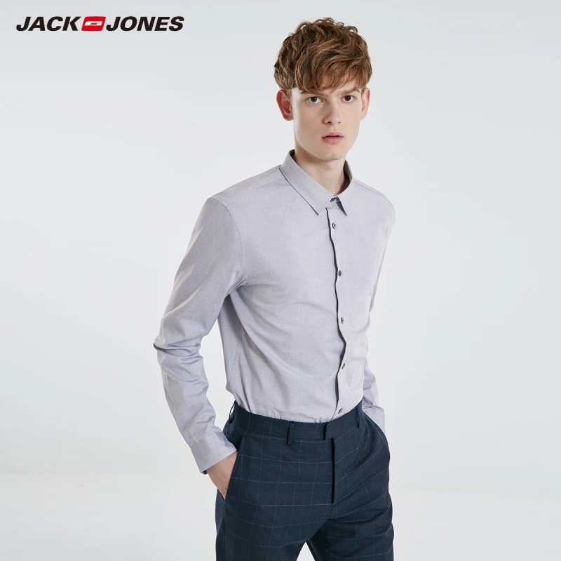 JackJones Мужская однотонная хлопковая рубашка с длинными рукавами деловая повседневная мужская одежда 219105505