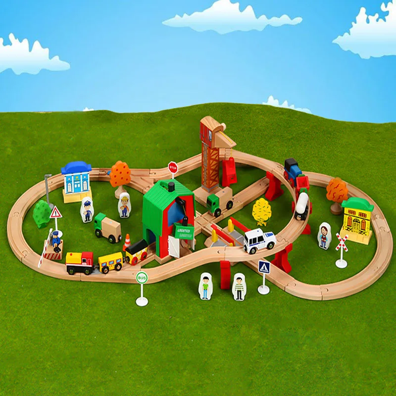 Skup Wooden Train Track Set Kids Wooden Railway Puzzle Slot Transit Wood Rail Transit Wood Train Railway Electric Toy Trains For Kids
