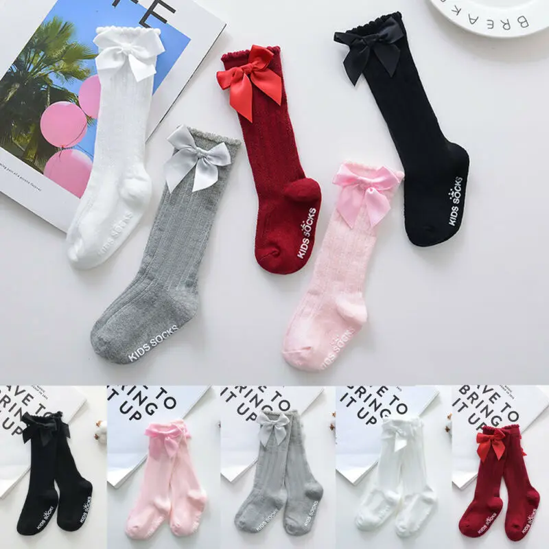 0-4Y New Kids Toddlers Girls Stockings Big Bow Knee High Long Soft Cotton Lace Baby