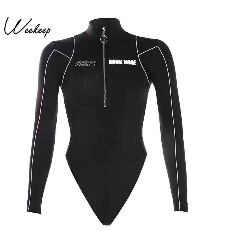 

Weekeep Reflective Letter Print Long Sleeve Bodysuit Bodycon Zipper Turtleneck Rompers Womens Bodysuits