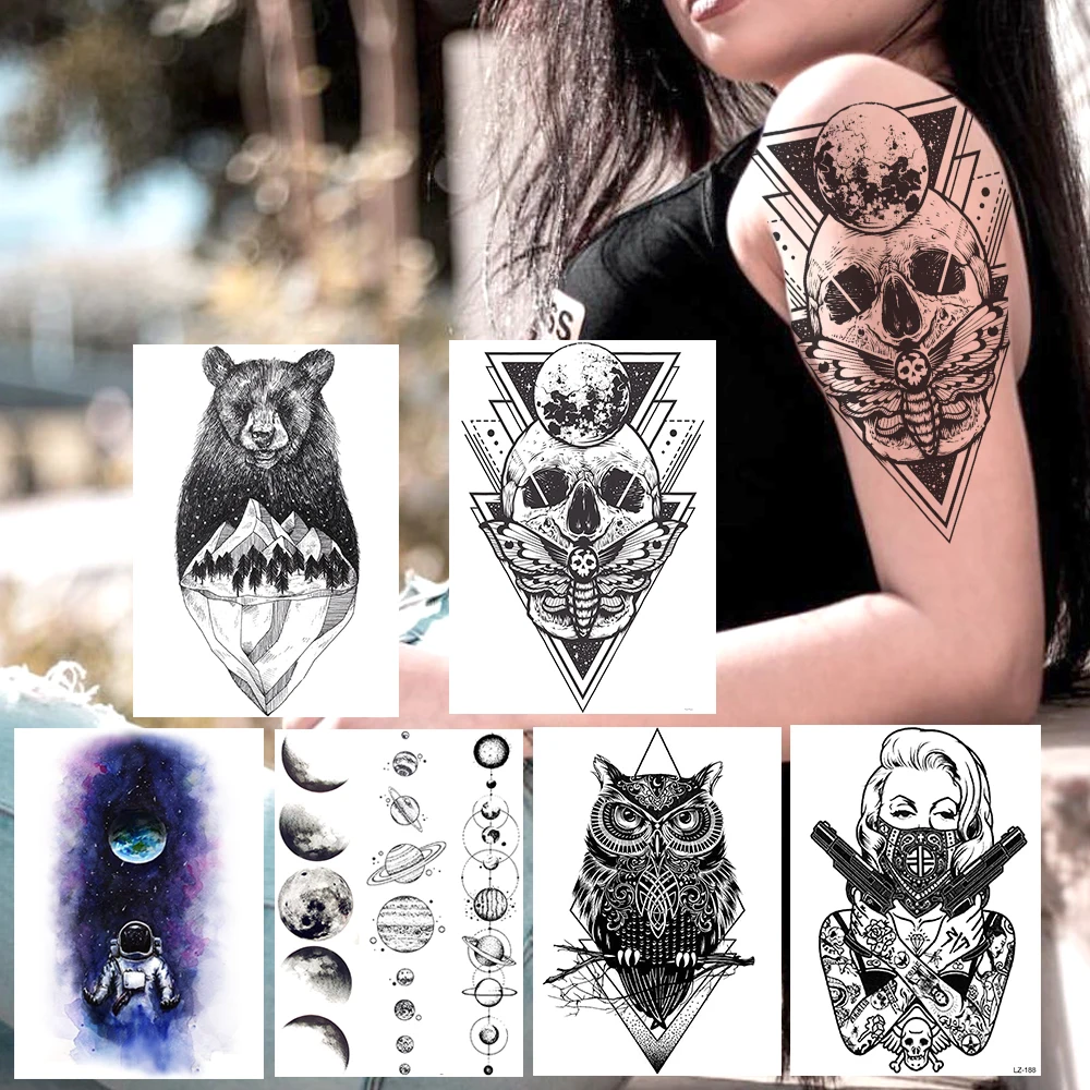 Creative Death Skull Temporary Tattoos Sticker For Women Men Body Art Arm  Tatoos Fake Geometric Black Planets Owl Ganster Tattoo - Temporary Tattoos  - AliExpress