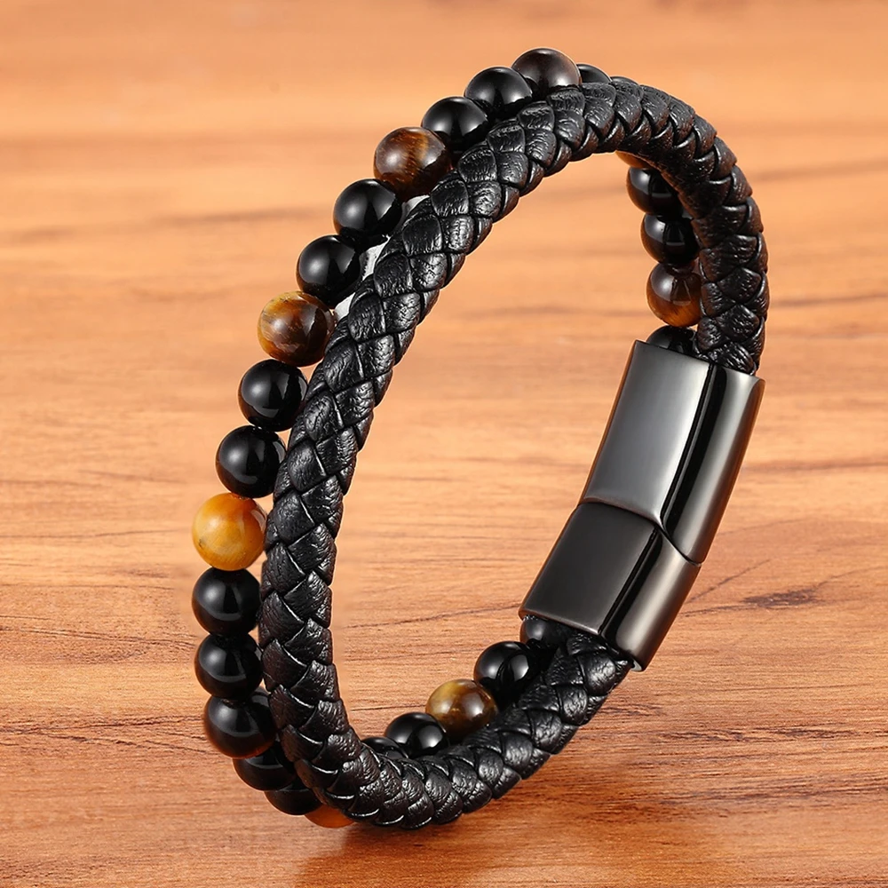 Leather Bracelet TYO Men Natural Stone Beads Double Layer Stainless Steel Magnetic Clasp