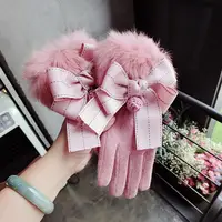 Korean-style fashionable cashmere gloves, new pink bow pom-pom gloves, touchscreen five-finger warm gloves A00384