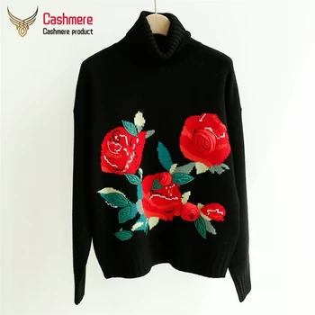

Women's turtleneck sweater embroidery sweater 100% cashmere sweater women loose sweater women autumn winter warm black sweater