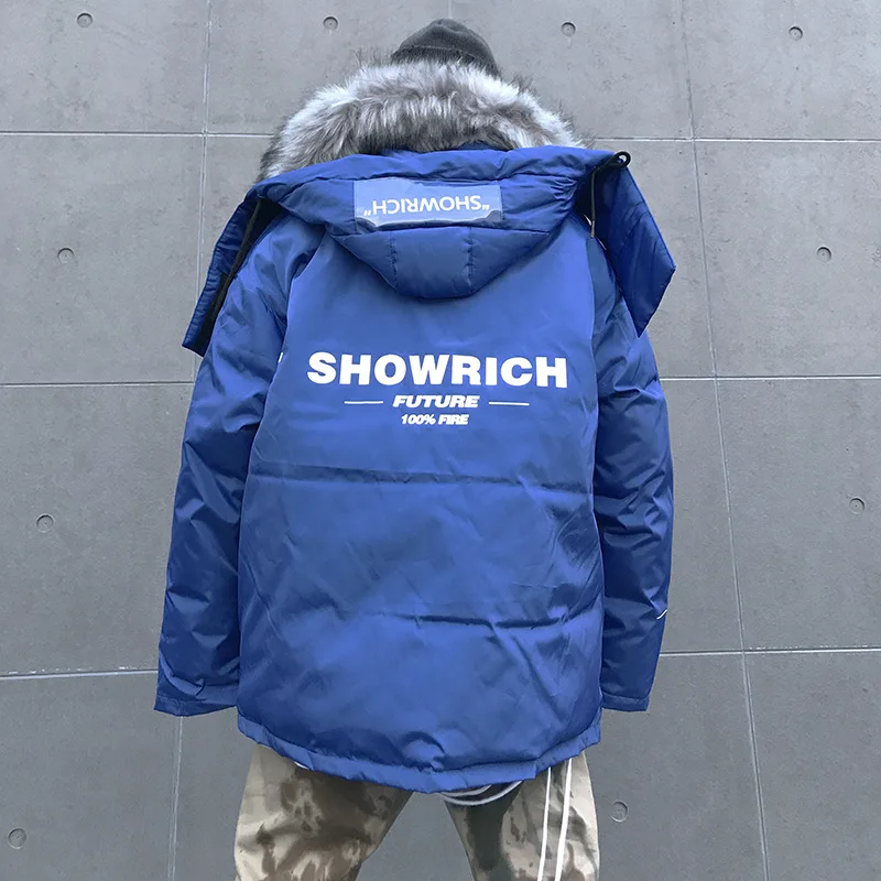 Great Value Hip Hop Fur Collar Parkas Men Women Streetwear Thick Winter Loose Padded Jacket Coat Warm Outwear Couples Blue Red DG536