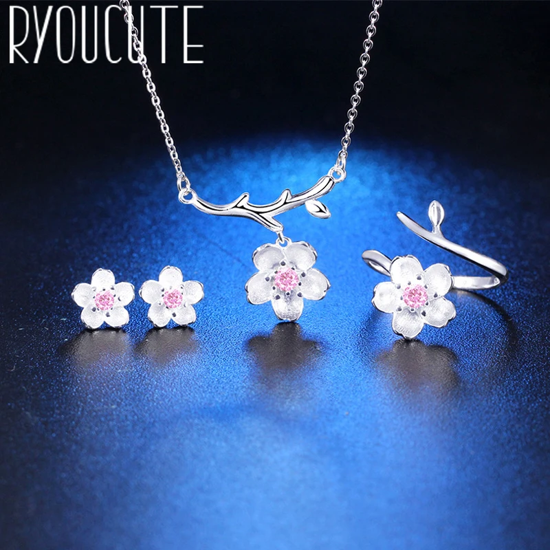 Модные свадебные комплекты ювелирных изделий 925 стерлингового серебра вишни цветок ожерелья серьги для женщин
