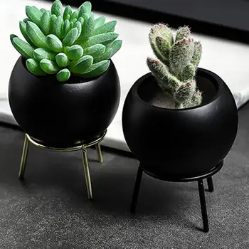 

White Ceramic Medium Succulent Cactus Flower Plant Hexagon Pots with Metal Stand Holder and Plants Sign for Indoors Outdoor Home
