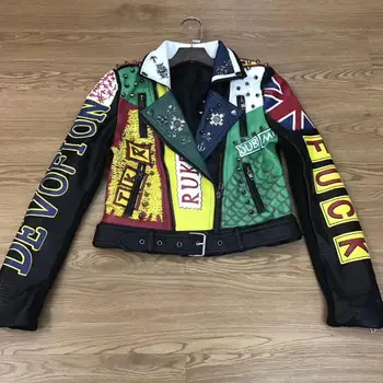 

Women Print pu Leather Jacket Colorful Turn-down collar Punk Rock Cropped Jackets faux leather coat