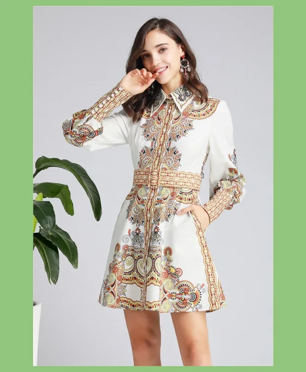 Faldas mujer moda, Осеннее модное винтажное платье, воротник с лацканами, расшитое бисером, пояс со стразами, с принтом, vestido de festa feminina, мини-платье