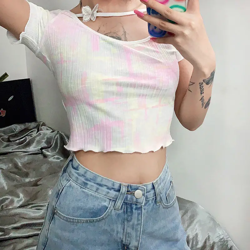 Женская футболка с круглым вырезом модный пикантный топ деревянными ушками в