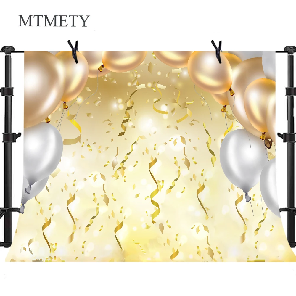 

MTMETY Golden Balloons Photography Background Silk Ribbon Vinyl backdrop for Wedding Birthday Party Decor Photo Booth Props