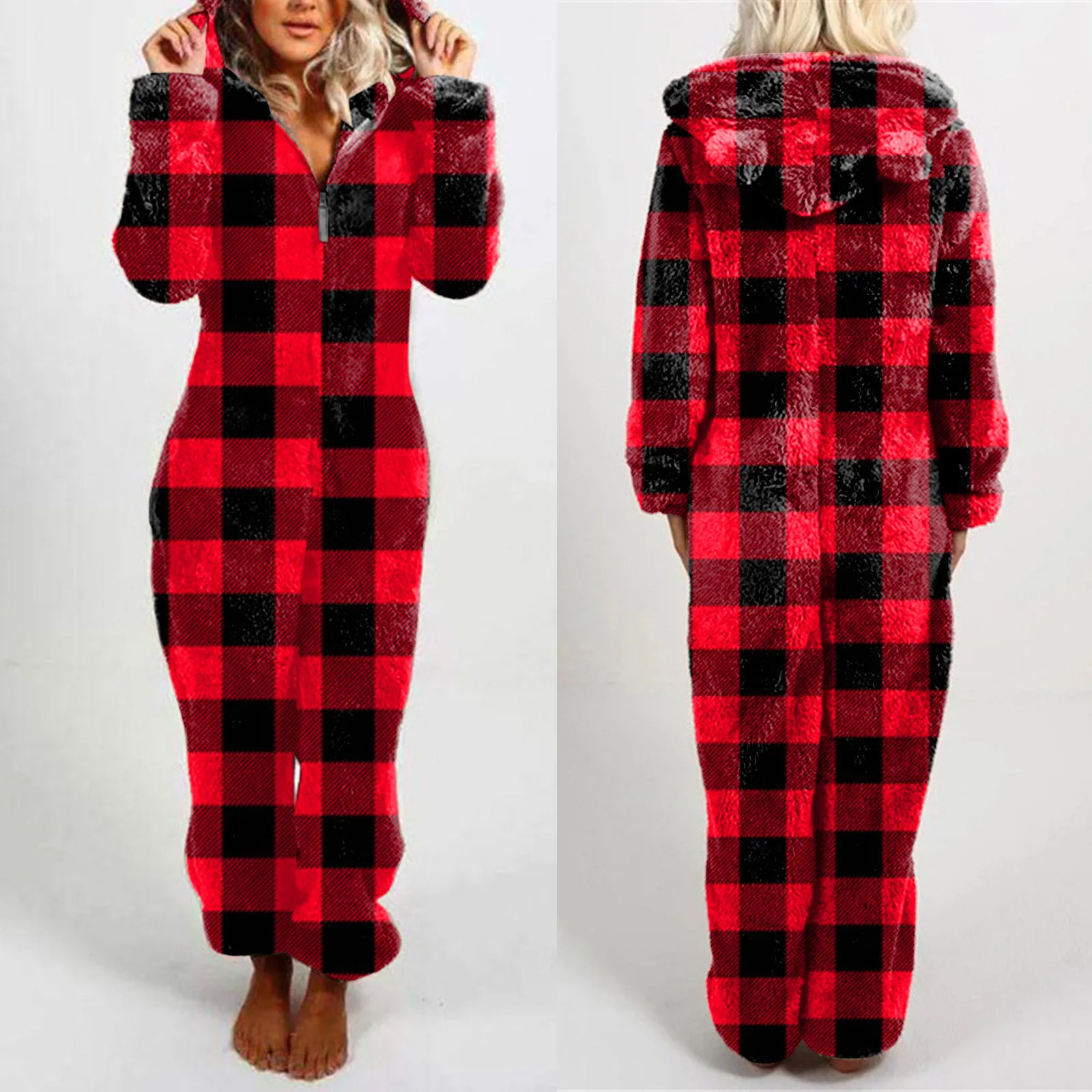 Inverno quente xadrez imprimir onesies para as mulheres grosso de pelúcia  manga longa com capuz macacão pijamas casual macacão pijamas mujer -  AliExpress