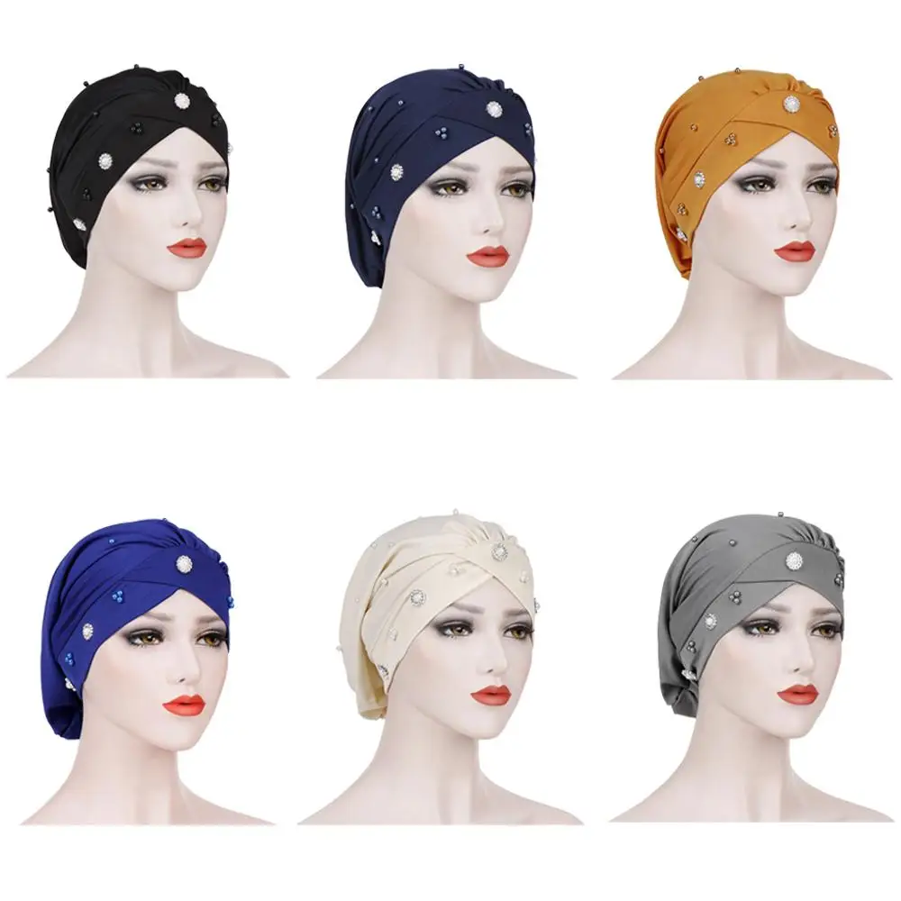 

Muslim Women Beads Elastic Turban Hat Chemo Cap Head Scarf Head Wrap Cover Islamic Bonnet Arab Hair Loss Hat Ramadan Cap