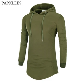 

Longline Hooded Tshirt Men 2020 Casual Side Zipper Mens Hoodies T-shirts Extra Long Hiphop Streetwear Tee Shirt Homme Army Green
