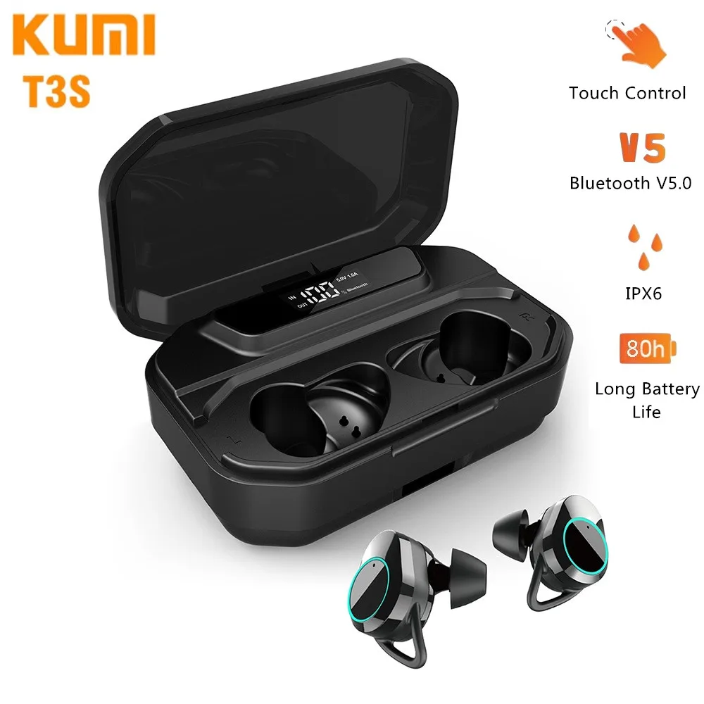 

Original KUMI T3S 6D Stereo Earphones Bluetooth 5.0 IPX6 Waterproof 3300mAh Battery LED Display Auto Pairing Portable Headset