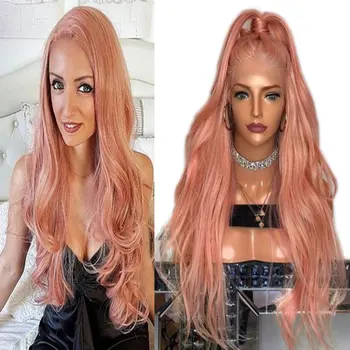 

Bomshell Rose Gold Pink Natural Wave Synthetic 13*3 Lace Front Wig Heat Resistant Fiber Hair Natural Hairline For Women Wigs