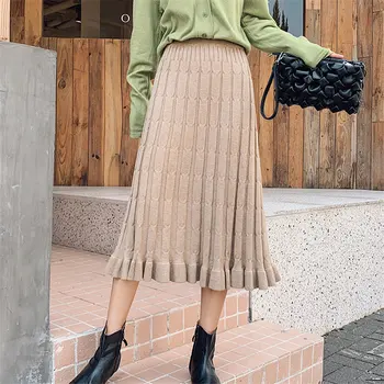 

Hzirip New Pleated High Street Winter Ruffles High Waist Office Ladies Elastic Vintage Casual Knitted Loose A-Line Long Skirts