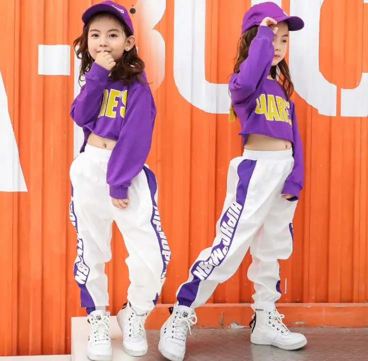 Новая одежда для девочек в стиле хип-хоп комплект из 2 предметов для девочек-подростков, топ с длинными рукавами+ штаны детская одежда для уличных танцев 4, 6, 8, 10, 12, 14 лет