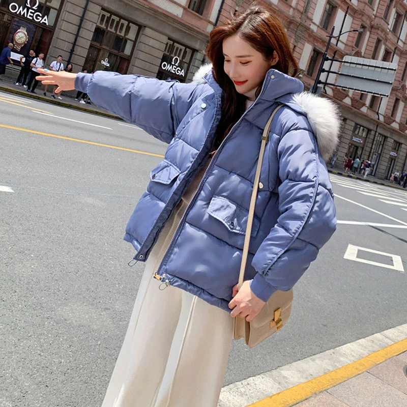 

Women winter fur collar parkas jacket 2019 New Thick warm hooded short jacket Casual solid sweet jackets for female
