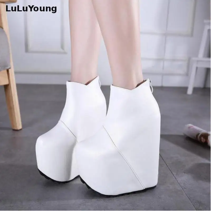 Tanie 19 cm 20 Cm szpilki kliny botki kobiety Hgih platforma blisko Toe powrót zamek Sexy botki