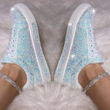 

Women Vulcanize Shoes Sneakers Bling Shoes Girl Flat Glitter Sneakers Casual Female Breathable Lace Up Sport Shoes