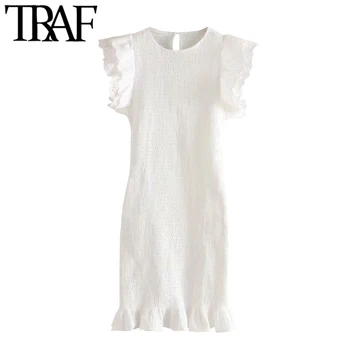 

TRAF Women Elegant Fashion Embroidery Ruffled Smocked Elastic Mini Dress Vintage O Neck Short Sleeve Female Dresses