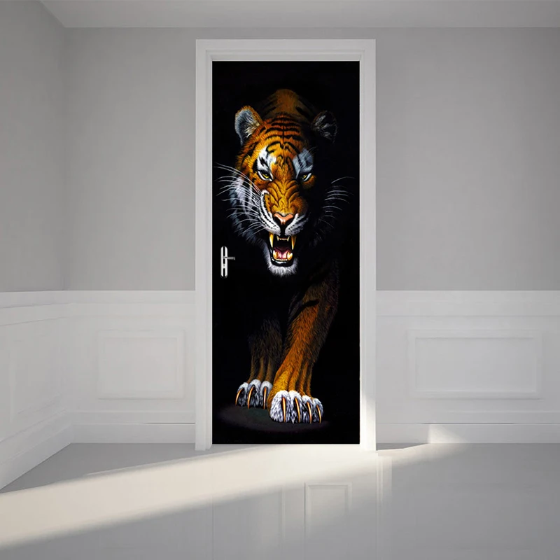 Настенные наклейки, 3D наклейки на дверь, Свирепый тигр, плакат, сделай сам, самоклеющиеся, водонепроницаемые обои, печать, художественная картина, домашний декор