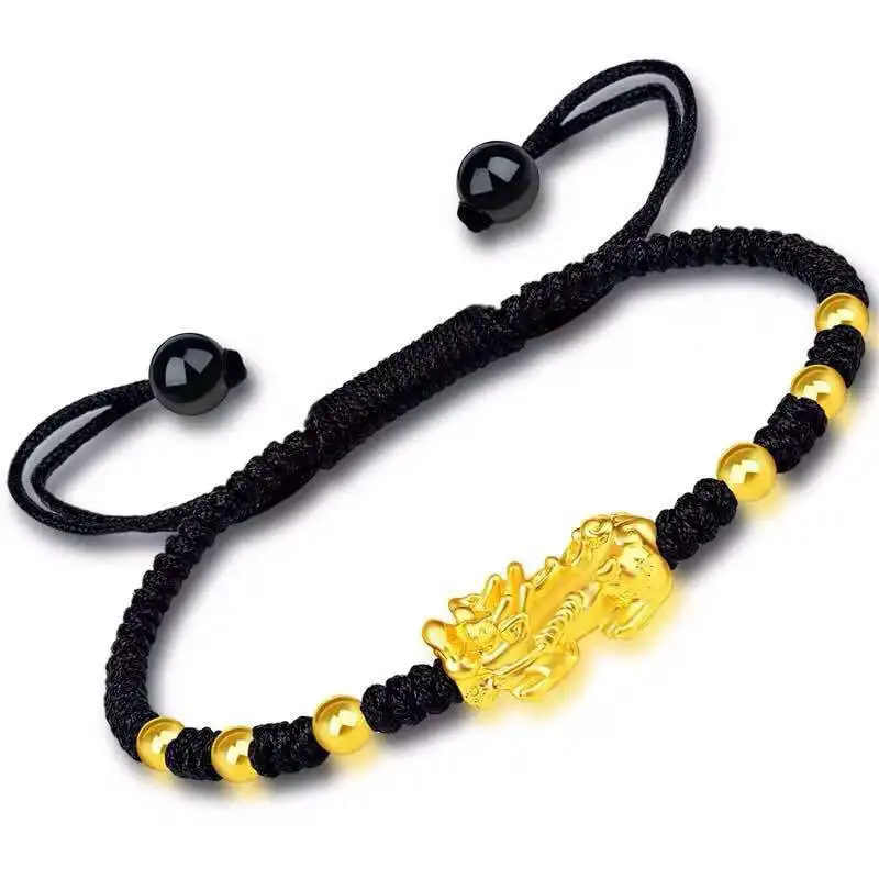 Feng Shui Obsidian Stone Beads Bracelet Wristband Gold Black Pixiu Wealth Good Luck Women Bracelet  Men Women Unisex