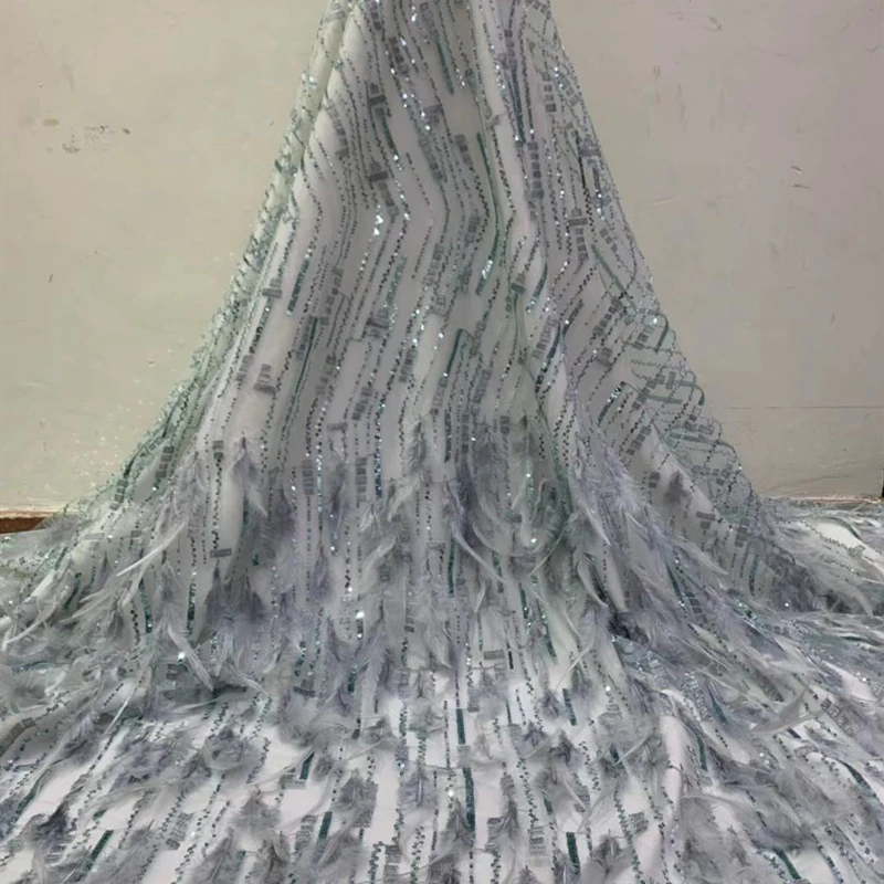 

2020 Hot Sale Sequins French Tulle Lace Fabric High Quality 3D Feather African Nigerian Bridal Lace Fabric For Wedding Sewing