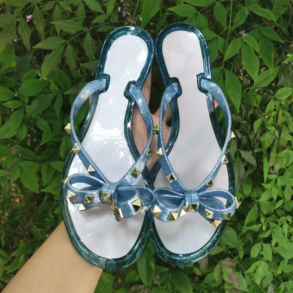 Summer Beach Sandals Woman Flip Flops PVC Slides Female Sandals Rivet Bowknot Slip on Flat with Women Studs Slippers Jelly Shoes