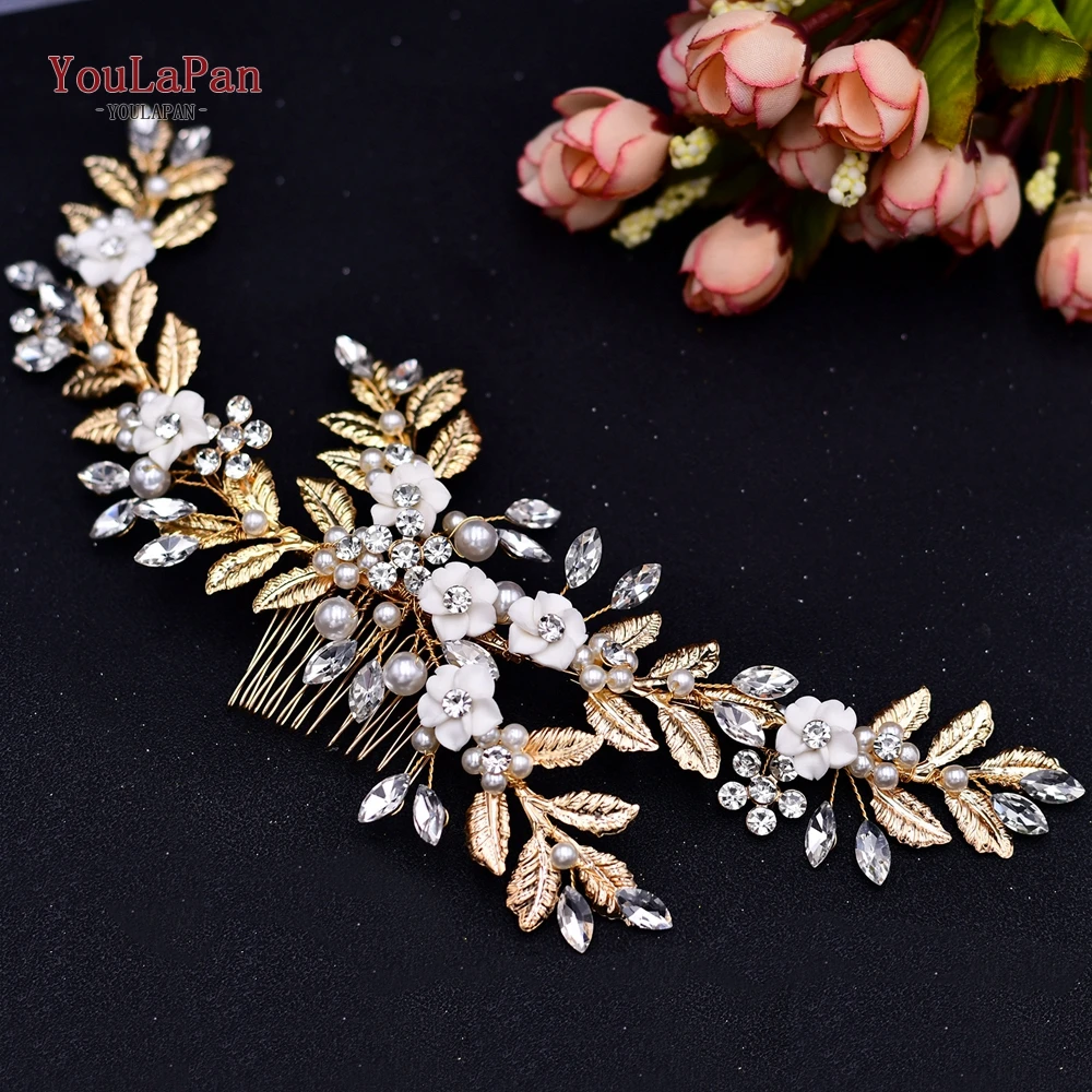 YouLaPan Gold Floral Wedding Hair Comb Bridal Crystal Pearls Headpiece Hair Accessories Bride Jewelry Women Clips HP368