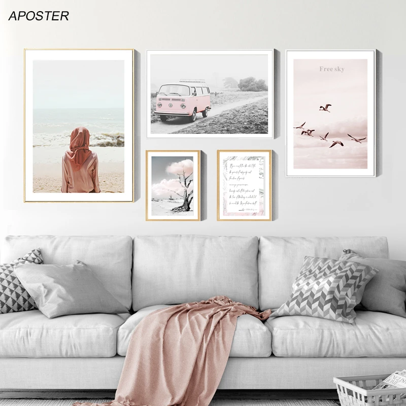 

Seagull Landscape Canvas Poster Nordic Style Beach Pink Bus Wall Art Print Painting Decoration Picture Scandinavian Home Decor