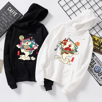 

CINESSD Japan Style Sportwear Sweatshirt Hip Hop Cat Print Loose Hoodie Pullover Men Women Hoody Sweatshirt Unisex Coat Clothes